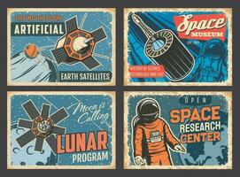 Space exploration program and museum metal plates vector