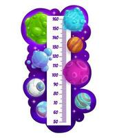 Kids height chart, cartoon space planets in galaxy vector