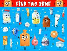 Find two same drugs, pill characters of kids game vector