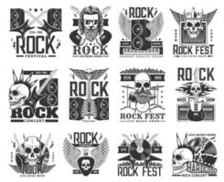 Rock music icons and symbols, guitar, skull, drum vector