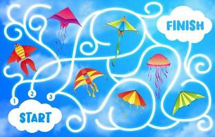Kids labyrinth maze game with kites in blue sky vector