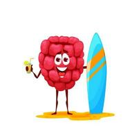 Cartoon raspberry character with surfboard, berry vector