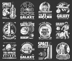 Universe galaxy, outer space astronaut rockets vector