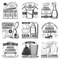piel cuidado productos, lavandería y casa limpieza vector