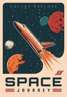 Space travel with shuttle rocketship retro poster vector