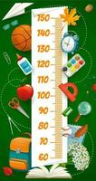 Kids height chart, school book and bag, stationery vector