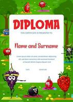 Kids diploma cartoon berry characters on yoga vector