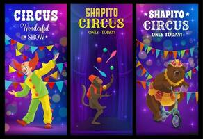 Shapito circus cartoon clown and animals banner vector