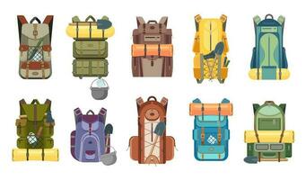 Backpack or rucksack with tourist equipment icons vector