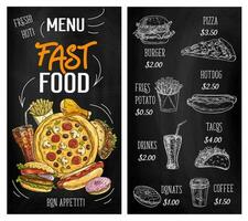 Fast food sketch chalkboard menu, burgers, pizza vector