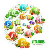 Vitamins and mineral in balanced diet, food source vector