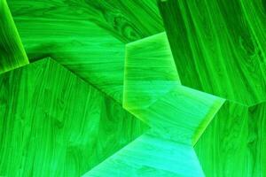 Geometric shape neon light wooden green background. Illuminated futuristic wall. Abstract architecture frame design minimalistic interior. science fiction contrast color glowing lines figure photo