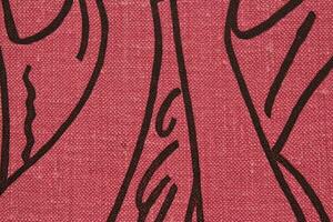 Abstract design background of pink coarse-grained intersection texture of rough fabric with an interlacing black painted lines. Linen sack textile canvas burlap cloth. Close-up, mock up, top view photo