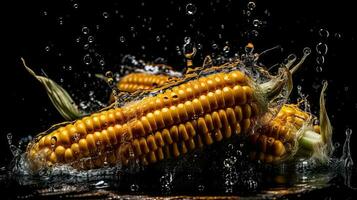 corn hit by splashes of water with black background and blur photo