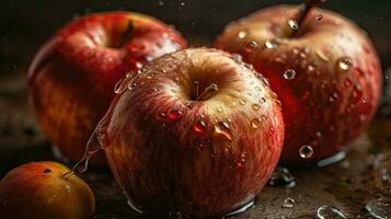 apples fruits hit by splashes of water with black background and blur photo