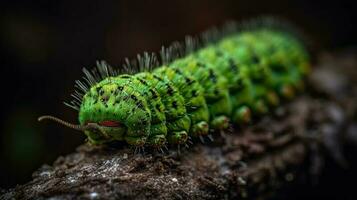 photo of green caterpillar animal with blur background