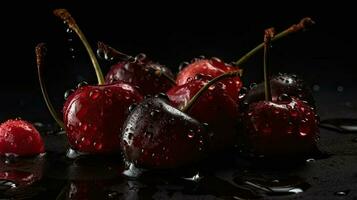 cherry fruits hit by splashes of water with black background and blur photo