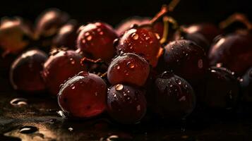 grapes hit by splashes of water with black background and blur photo