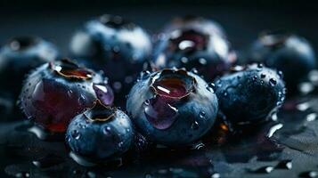 blueberry fruits hit by splashes of water with black background and blur photo