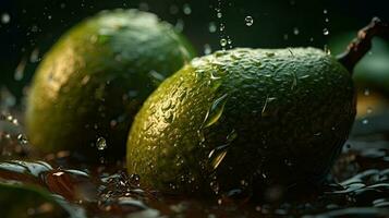 avocado fruits hit by splashes of water with black background and blur photo