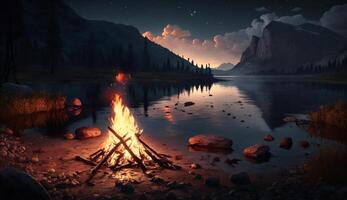 Campfire by the lake. photo