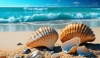 Oceano playa con conchas, ai generado foto