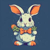 fluffy rabbit, big floppy ears, wearing a colorful bow tie and carrying a basket of carrots photo