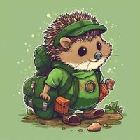 tiny hedgehog with a little green backpack, collecting trinkets and treasures on its travels photo