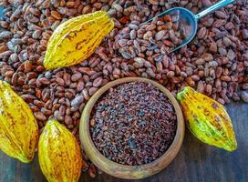 Los nibs de cacao son granos de cacao que se han molido en frío o se han molido a bajas temperaturas para formar pequeños granos de cacao orgánicos amargos. foto