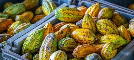 vainas de cacao maduras o frutos de cacao amarillo cosechan granos de cacao para enviar a la fábrica de chocolate foto