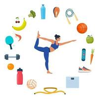 Woman doing yoga exercises. Icons of healthy food, vegetables and sports equipment for different sports around her. Healthy lifestyle concept. Vector illustration.