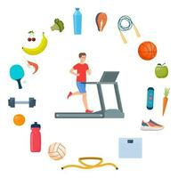 Young man is running on a treadmill. Icons of healthy food, vegetables and sports equipment for different sports around him. Healthy lifestyle concept. Vector illustration.