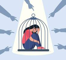 Unhappy female character locked in cage. Fingers pointing on sad girl. Concept of bullying and violence in society. Victim woman. Vector illustration.