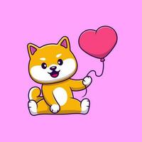 Cute Shiba Inu Dog Holding Heart Love Balloon Cartoon Vector Icons Illustration. Flat Cartoon Concept. Suitable for any creative project.