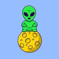 Cute Alien Sitting On Moon Cartoon Vector Icons Illustration. Flat Cartoon Concept. Suitable for any creative project.