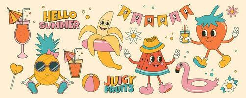 Groovy summer sticker set with summer fruits and elements. Strawberry, watermelon, pineapple, banana. Cartoon characters in trendy retro style, comic mascot characters. vector