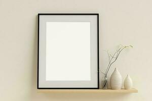 Framed poster mockup on the shelf with interior decor photo