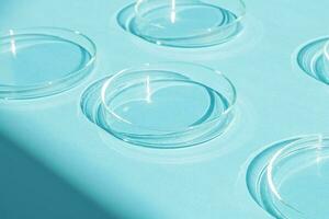 Petri dish. A set of Petri cups. A pipette, glass tube. On a blue blue background. photo