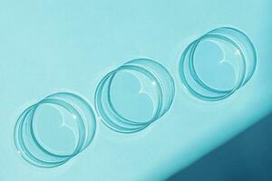 Petri dish. A set of Petri cups. A pipette, glass tube. On a blue blue background. photo