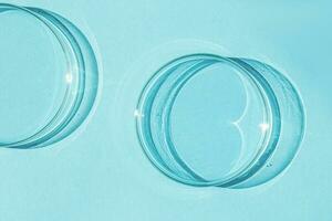 Petri dish. A set of Petri cups. A pipette, glass tube. On a blue blue background. photo