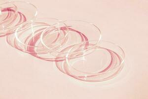 Petri dish. A set of Petri cups. A pipette, glass tube. On a pink background. photo