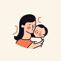 Vector Illustration Of Mother Holding Baby Son In Arms. Happy Mother's Day Greeting Card.