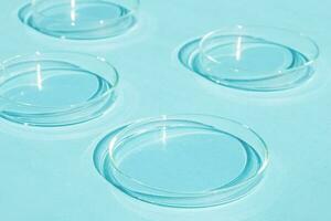 Petri dish. A set of Petri cups. A pipette, glass tube. On a blue blue background. photo