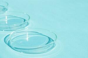 Petri dish. A set of Petri cups. A pipette, glass tube. On a blue blue background. photo