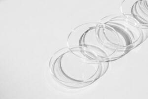 Petri dish. A set of Petri cups. A pipette, glass tube. On a white background. photo