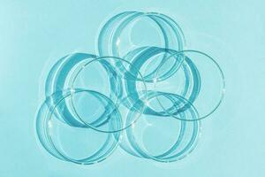 Petri dish. A set of Petri cups. A pipette, glass tube. On a blue blue background. photo