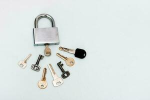 padlock with many keys on a white background with copy space photo