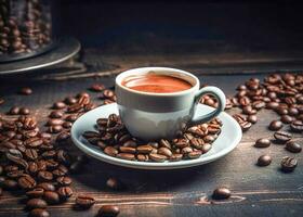Hot coffee cup with coffee beans, Wallpaper coffee photo