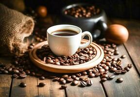 Hot coffee cup with coffee beans, Wallpaper coffee photo