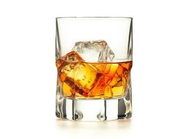 Whiskey with ice in glass on a white background photo